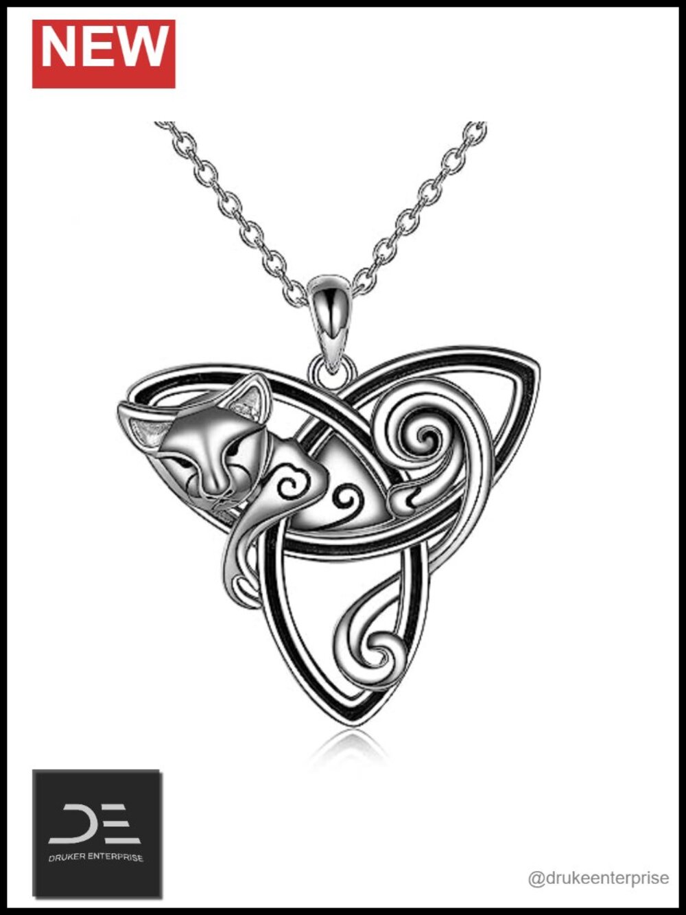 Sterling Silver Celtic Cat Necklace Triquetra Pendant 18 inch Chain Jewelry